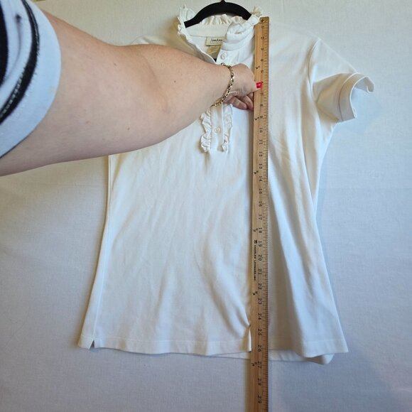 Neiman Marcus Ruffle Collar Top Womens Medium Flounce Neck White Short Sleeve - Picture 5 of 6